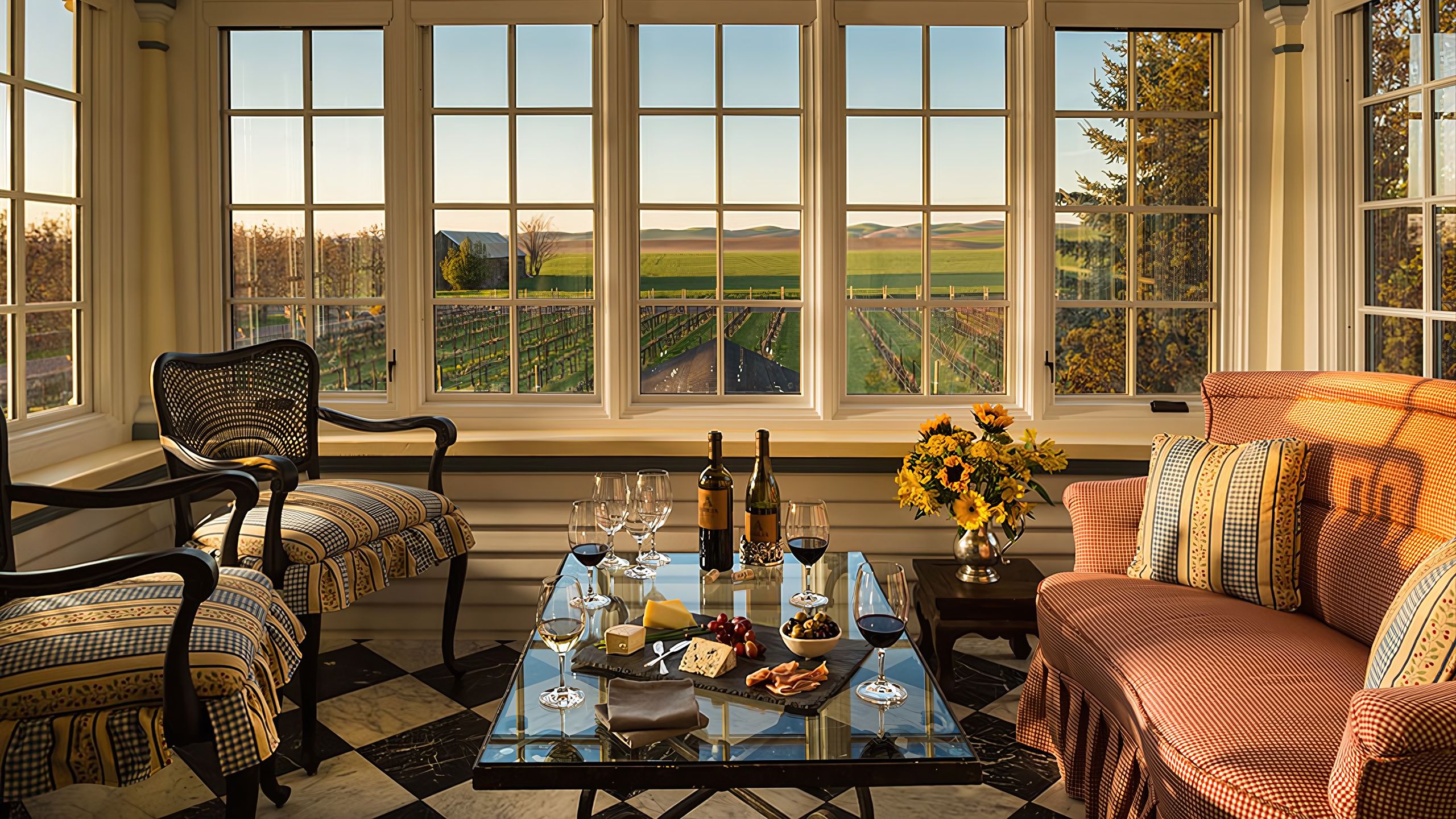 A sitting room at the Abeja Inn overlooking estate vineyards